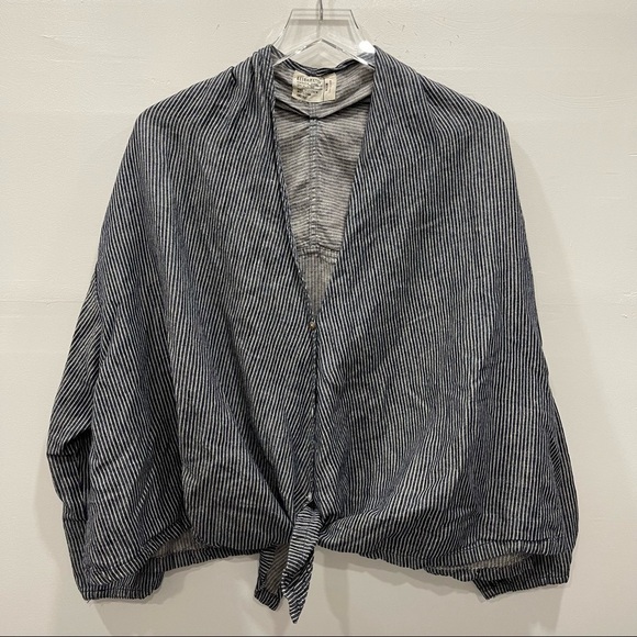 Alternative Button Front Oversized Tie-Front Stripe Top Oversized Lagenlook M - Picture 13 of 13